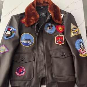 Embroidered Patch Bomber Jacket with Faux Fur Collar - Brown - S-M